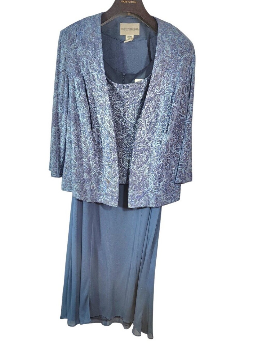 David's Bridal 2-Piece Jacket Dress Slate Blue Paisley Metallic Shimmer Midi.